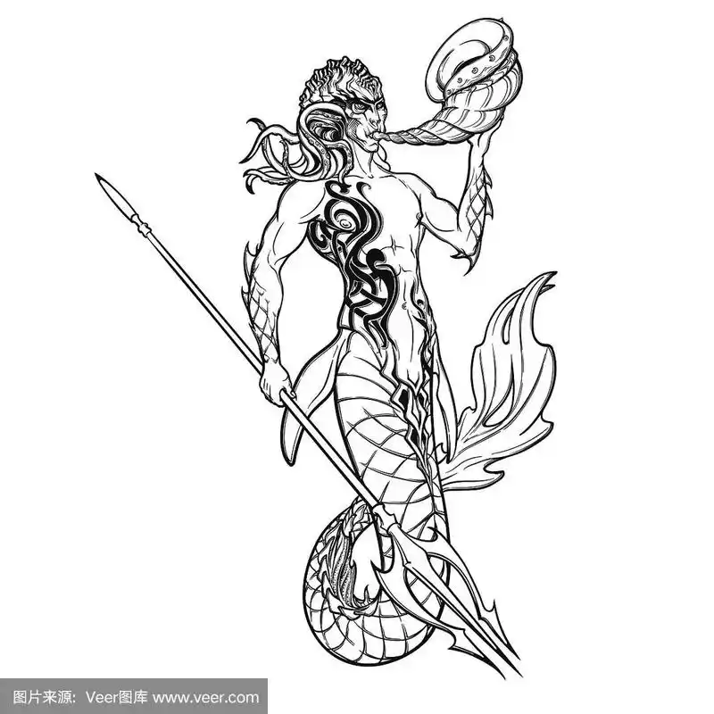 人鱼素描孤立在白色背景