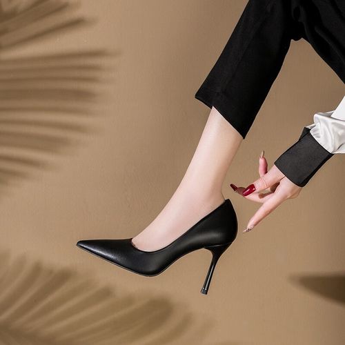 苏奈雪礼仪细跟高跟鞋真皮不磨脚工作鞋女黑色久站不累脚软皮职业单鞋