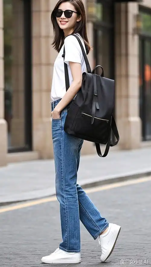 文小言ai今天穿了件白t和牛仔裤,配上小白鞋和黑色背包,简单又时尚