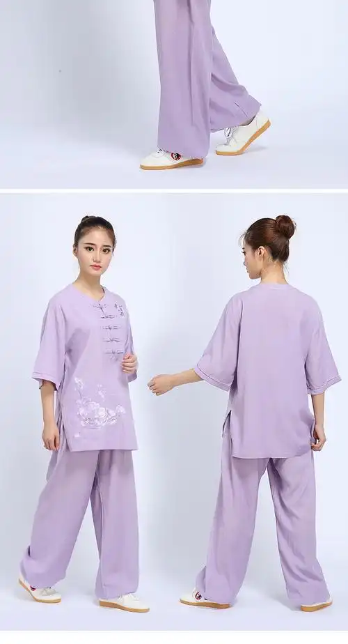 太极服棉麻女士绣花太极拳练功服装夏季短袖武术服中半袖