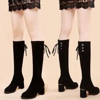 红蜻蜓女鞋真皮高跟瘦瘦长靴女2023新款高筒靴中筒靴弹力过膝37