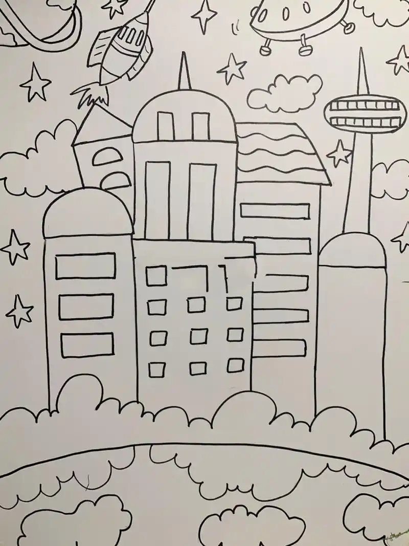 未来城市的建筑城市#科技发展儿童创意画