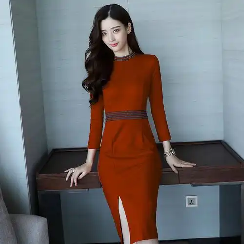 女士秋季新品长袖连衣裙女装中长款职业包臀修身气质ol打底一步裙