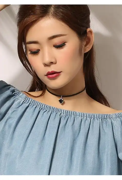 纯银四叶草项链女韩国黑色短款锁骨链颈链choker项圈脖子饰品颈带_好