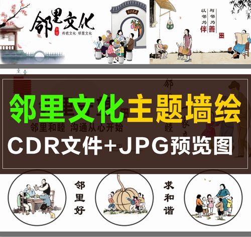 墙绘手绘素材 邻里文化 邻里和谐 社区 新农村美丽乡村墙画素材