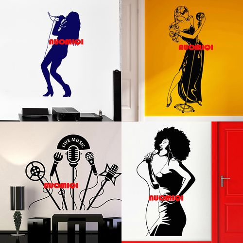 唱歌女孩贴纸卡拉ok背景墙k歌麦克风贴画ktv墙贴自粘玻璃贴可移除