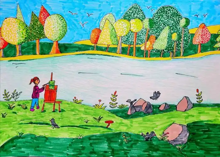 孩子们在美丽的春景中写生,学习点彩派画法很有新意.