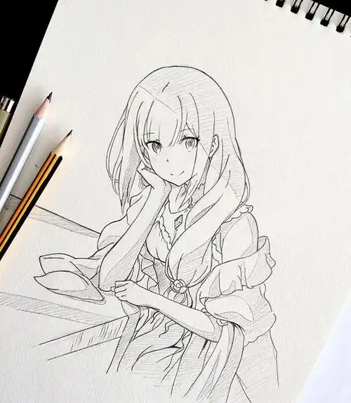 手绘动漫人物黑白稿,漂亮的美少女,好喜欢