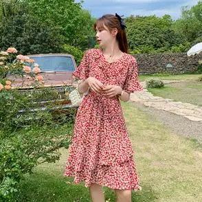 雪纺裙子中长款韩版蛋糕裙收腰显瘦喇叭袖实拍9567碎花连衣裙夏装