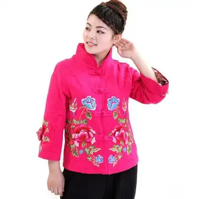 春秋民族风女装棉麻唐装绣花上衣女大码宽松中老年妈妈装短外套女