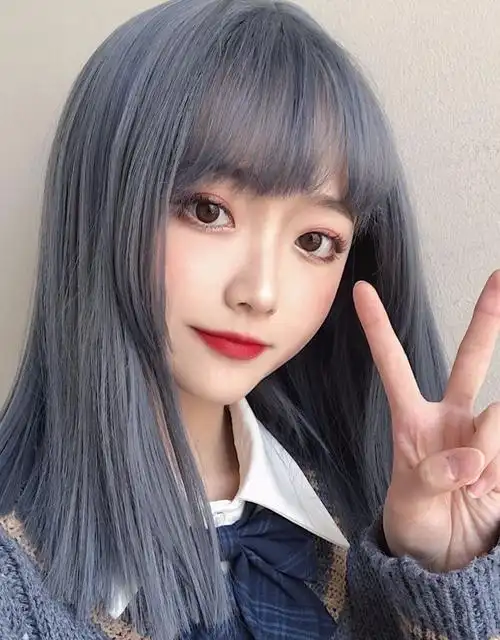 原宿蓝灰色长发女生假发时尚空气刘海中长发韩版假头发套厂家批发