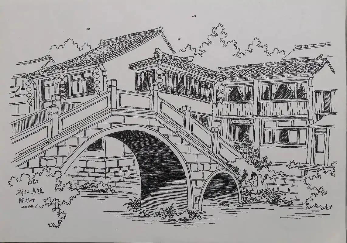 浙江.乌镇#黑白线描画 #跟着汤向学画画#风景写生 #手机摄 - 抖音