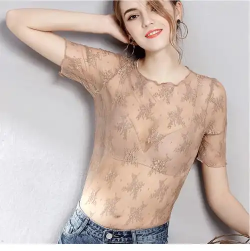 雷丝性感打底衫女透明透视网纱夏季木耳边中袖蕾丝衫半袖内搭上衣薄纱