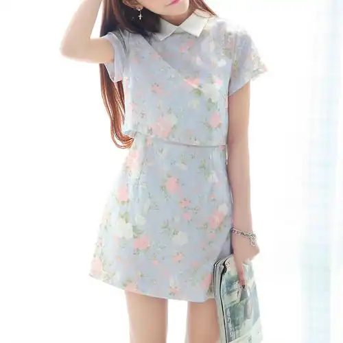 夏装女装 韩国小清新翻领印花夏季蕾丝连衣裙女 短袖短裙