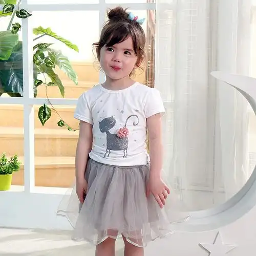 童装女童夏装2016韩版百搭中小童猫咪印花t桖 短裙两件套1-2-3-4-5岁
