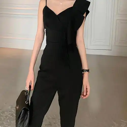 黑色荷叶吊带连体裤女夏薄款高端名媛气质连衣连体衣