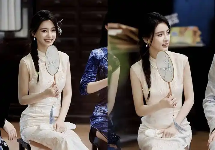 原创angelababy也太适合穿旗袍了裸色旗袍配珍珠项链高贵优雅