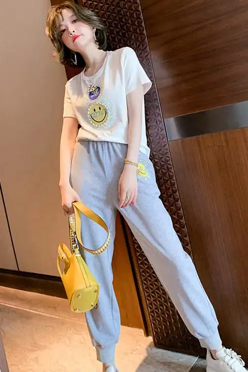 miuco可爱笑脸烫钻t恤 松紧腰休闲舒适束脚裤套装女新款