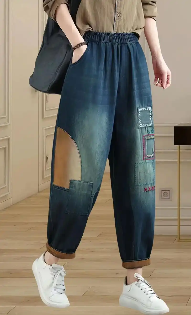 秋季新款,文艺绣花拼接牛仔复古九分裤