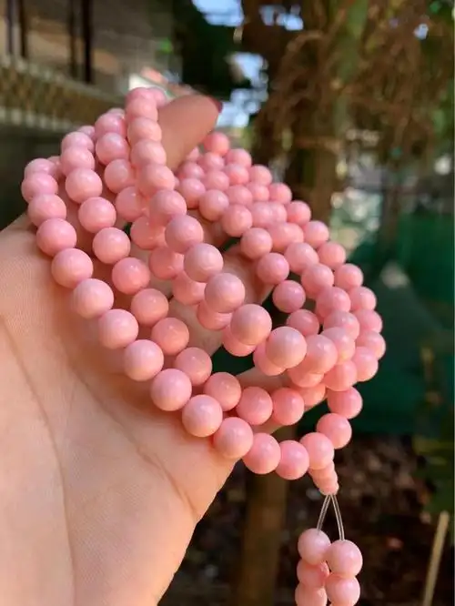 手链新款胭脂粉色贝壳108颗佛珠手串女士玉石手链