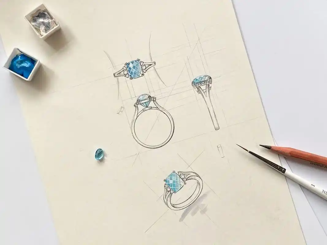 珠宝手绘|戒指三视图 打卡今日绘图94 分享一下课上画的戒指三视图