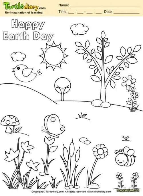 小鸟太阳大树蜜蜂蝴蝶填色图片大全-红豆饭小学生简笔画大全