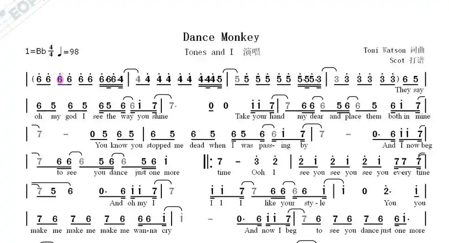 「bb调版」dance monkey - tones and i 演唱——动态简谱