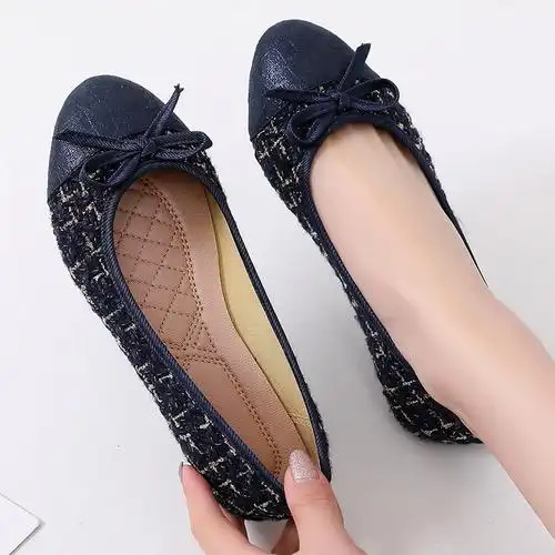 老北京布鞋蝴蝶结女单鞋小香风平底鞋浅口软底鞋女鞋格子拼色时尚