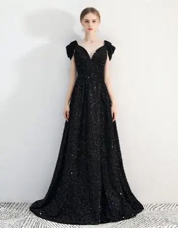 公司年会黑色晚礼服女新款宴会长款性感拖尾优雅聚会高端礼服秋冬