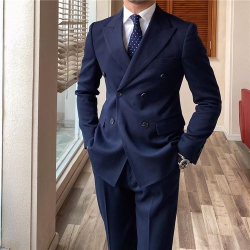 高档西装男士商务正装纯色修身双排扣西服两件套高档大气简约西装