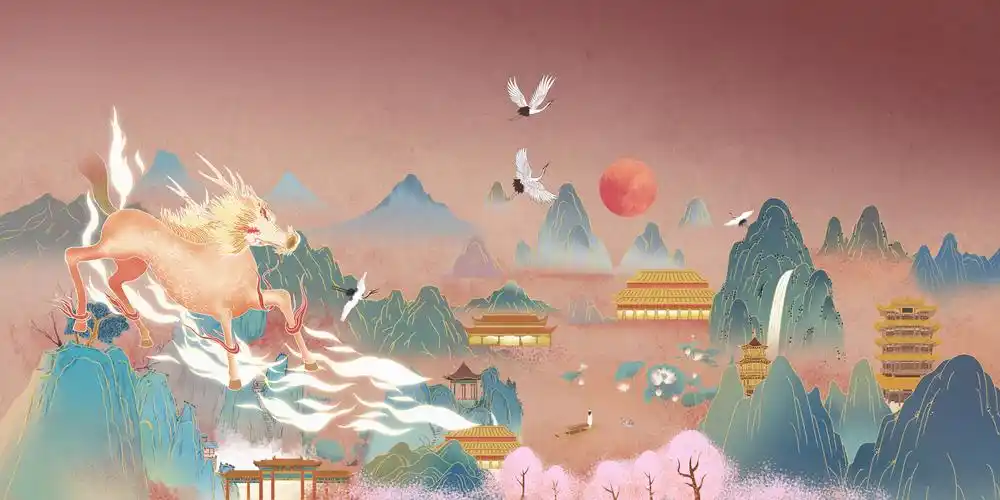 中国风传统山水画轴青绿山水古风国潮横图插画