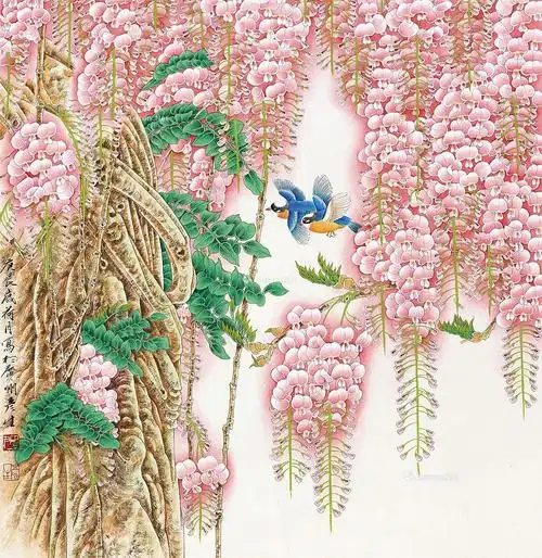 【紫藤双鸟 镜片 设色纸本】拍卖品_图片_价格_鉴赏_绘画_雅昌艺术品