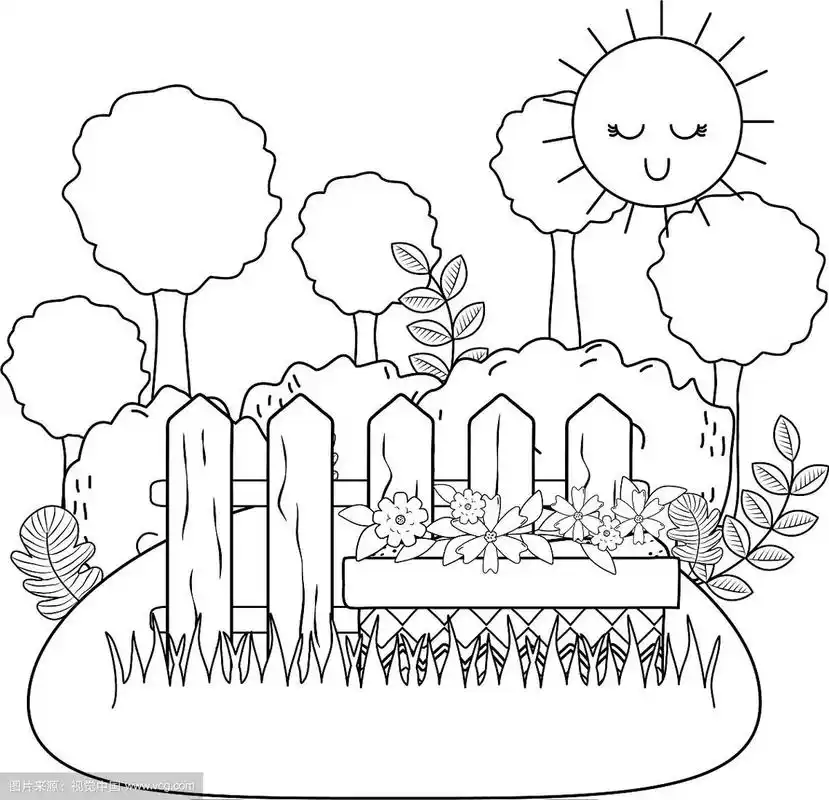 可爱的花朵和叶子在花盆花园与栅栏