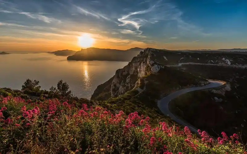 sea, flowers, rocks, road, sunrise, morning 3840x2160 uhd 4k