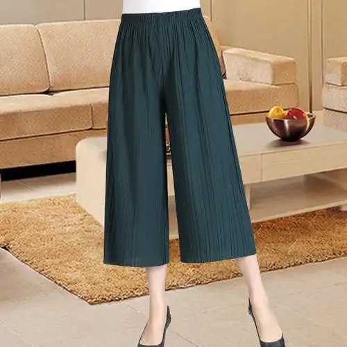 中老年女阔腿裤宽松气质松紧腰肥腿七分裤妈妈装夏装大码加肥裤子