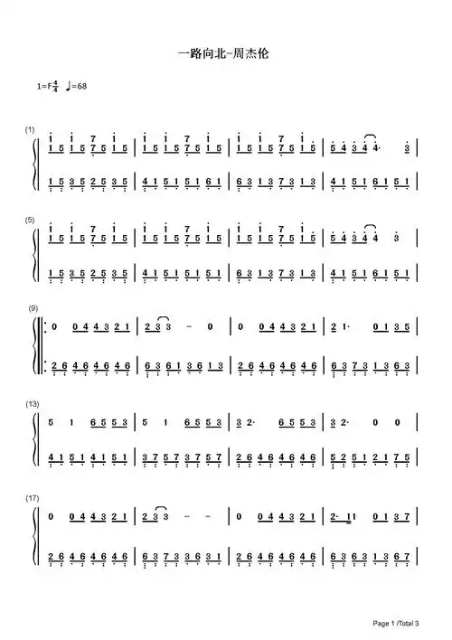 一路向北周杰伦f调流行钢琴简谱