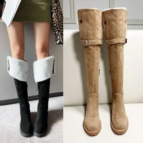 平底长靴女过膝一鞋两穿靴子冬季加绒保暖英伦风卡其色绒面长筒靴