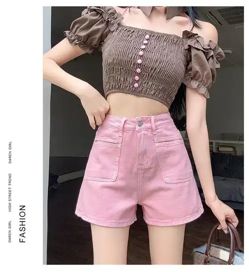 粉色牛仔短裤女夏季2024年新款高腰a字宽松显瘦辣妹热裤外穿裤… - 17