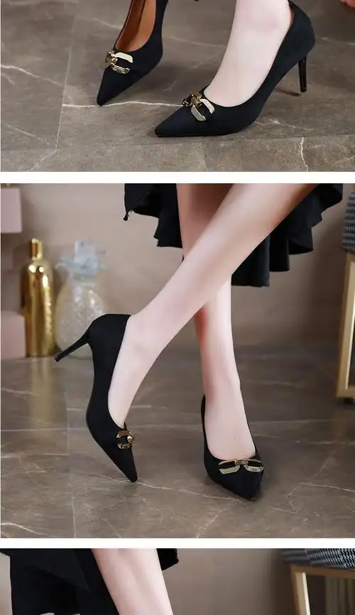 liweisny奢侈品牌法式绒面高跟鞋女黑色时尚金属扣2022年春季新款尖头