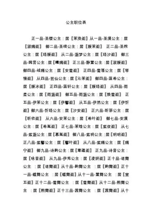 公主职位表 正一品-圣缨公主:居〖茉涣阁〗从一品-圣漠公主:居〖淑嫣