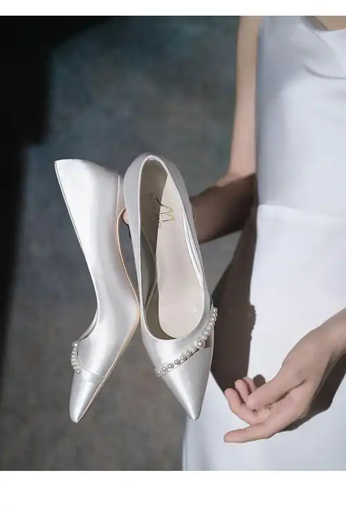 高跟鞋女婚鞋白色婚纱缎面温柔如你法式新娘鞋夏季珍珠简约珍珠白8cm