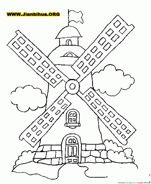 涂色简笔画房子风车小鸟树