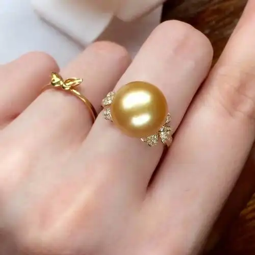 18k金镶天然南洋金珍珠戒指