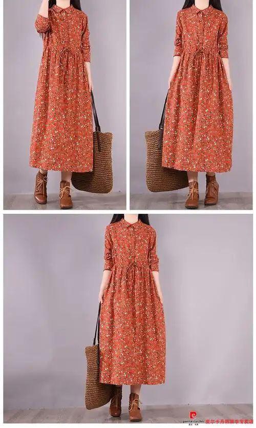 皮尔卡丹官方高档品牌女装亚麻连衣裙2022春秋复古碎花翻领收腰长袖