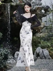 织金细闪针织擦墨蝴蝶印花丝绒连衣裙气质包臀鱼尾裙年会礼服长裙