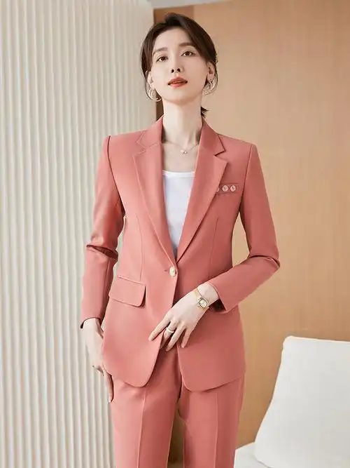 桃红色主持人职业套装女播音艺考上镜西装演讲比赛服装讲师正装女
