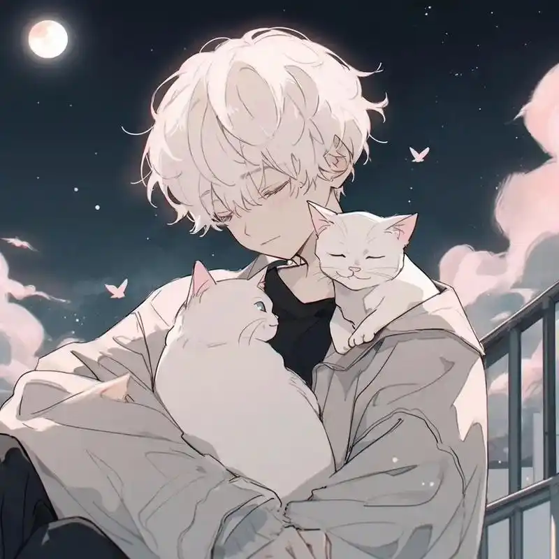 银发少年与猫#治愈系头像 #从漫画里走出来的男孩 #男生头像 - 抖音