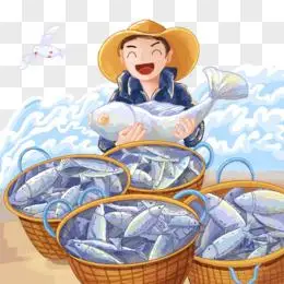 手绘捕鱼收获欢乐的渔夫素材