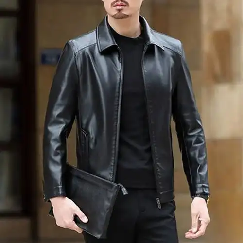 海宁真皮皮衣男加绒加厚秋冬新款阿玛施男士爸爸装绵羊皮夹克外套