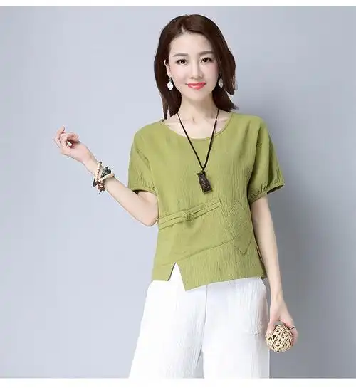 棉麻t恤女短袖2022夏季文艺复古宽松短款麻料圆领百搭上衣妈ma装 墨